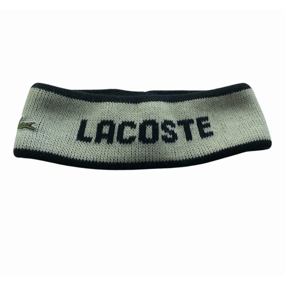 Lacoste Sweater Headband Ear Warmers Ecru Green Logo 80s Ski Outdoors Vintage